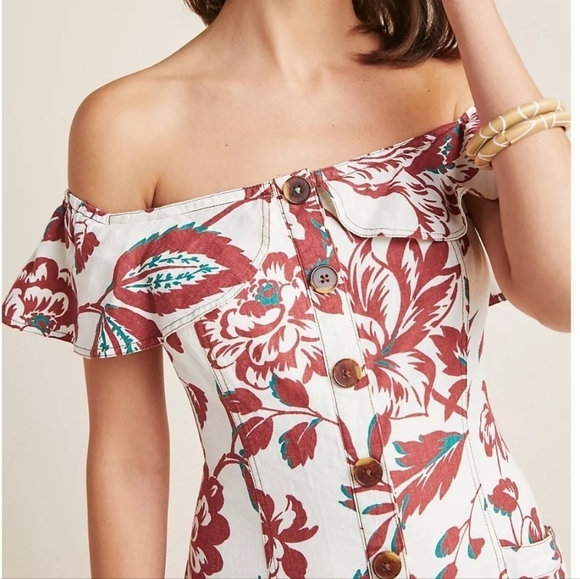 Anthropologie Women's Oahu Dress, Linen Midi Floral Burgundy Buttons Pockets, 0 - Picture 2 of 11